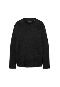 Suéter negro de punto con un diseño texturizado, cuello de canalé y mangas largas. Presenta pequeños detalles desgastados a lo largo de la tela.