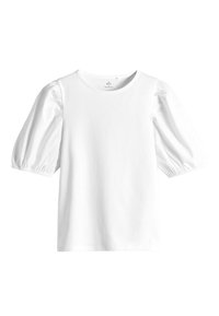 Blouse blanche à manches courtes bouffantes et encolure ronde, présentée sur fond blanc.
