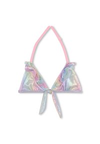 Haut de bikini triangulaire en tissu irisé aux couleurs pastel avec des accents à volants, doté de bretelles roses et d'une fermeture par nouage au dos.