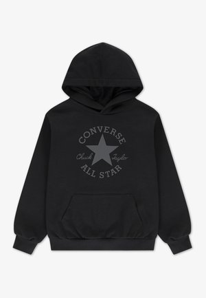 Černá bavlněná mikina s kapucí, s velkým šedým hvězdným logem a nápisy "CONVERSE" a "Chuck Taylor". Obsahuje přední kapsu a žebrované manžety.