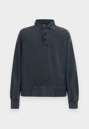 Sötétszürke hosszú ujjú galléros póló három elől gombbal, enyhén kopott, puha szövettel.