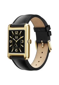 Schwarze Lederarmbanduhr mit rechteckigem Gehäuse in Goldton, schwarzem Zifferblatt, großen weißen Ziffern und einer Aufzugkrone. Glatte Innenauskleidung.