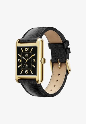 Melna ādas siksna pulkstenim ar taisnstūra zelta krāsas korpusu, melnu skalu, lieliem baltiem cipariem un vēršanas kroni. Gluda iekšējā odere.