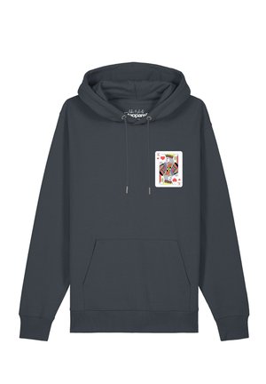 Dark gray hoodie with front pocket and a King of Hearts playing card graphic on the left chest area.