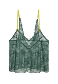 Krajková tílko v tmavě zelené barvě s žlutými nastavitelnými ramínky. Má vlnkovaný lem a jemný květinový vzor po celé ploše.