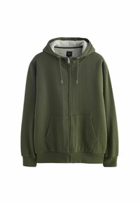 Groene zip-up hoodie met voorzakken, verstelbare trekkoordkap en zachte witte fleece voering aan de binnenkant.