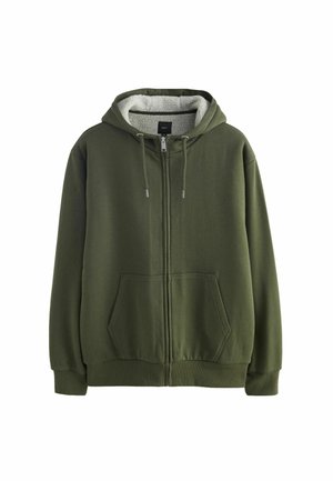 Groene zip-up hoodie met voorzakken, verstelbare trekkoordkap en zachte witte fleece voering aan de binnenkant.
