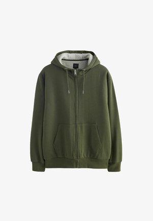 Grüne Zip-Hoodie mit Fronttaschen, verstellbarem Kordelzug an der Kapuze und weichem weißen Fleece-Futter innen.