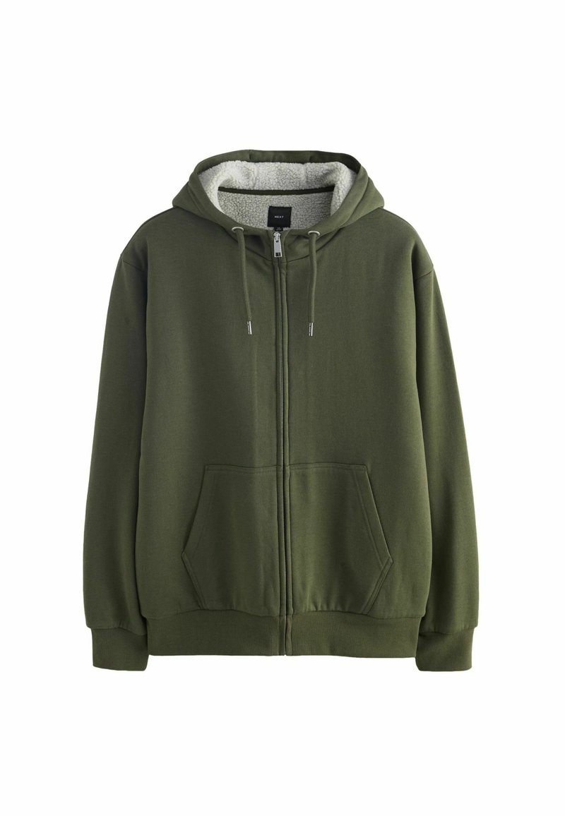 Grønne zip-up hoodie med frontlommer, justerbar snor i hætten og blødt hvidt fleecefor indeni.