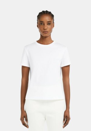 T-shirt bianco a maniche corte con scollatura rotonda, realizzato in tessuto morbido, con taglio dritto e design minimalista.