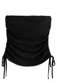 Top in cotone nero a tubo con texture arricciata, legature regolabili ai lati e finitura liscia. Presenta un design minimalista senza motivi.