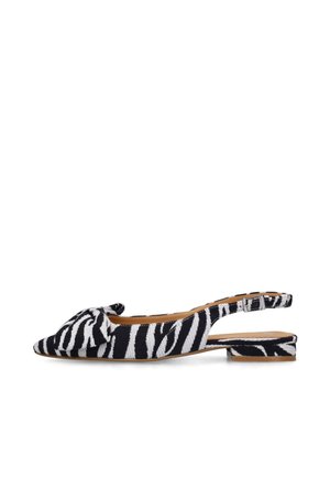 Chaussure plate avec bride arrière, imprimé zèbre noir et blanc, bout pointu, petit talon carré et détail nœud en tissu sur le devant.