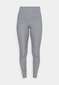 Gray high-waisted leggings with a smooth texture, fitted shape, and a seamless design, suitable for athletic or casual wear.