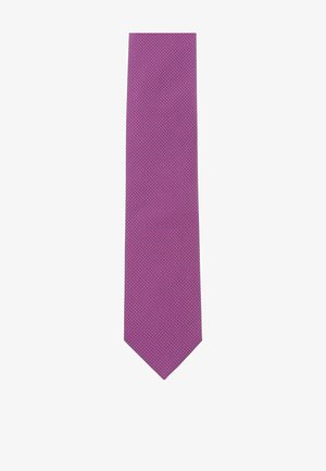 Purple tie with a textured, patterned design featuring small white dots, tapering to a pointed end. Material appears smooth and woven.