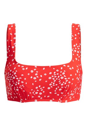 Červený květinový bikiny top se čtvercovým výstřihem, s bílými květinovými vzory, silnými ramínky a hladkým, elastickým materiálem.