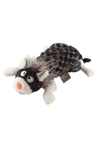 Plush toy shaped like a dog, featuring a black and gray textured body, white accents, a pink nose, and large round eyes.