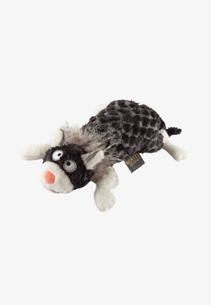 Plush toy shaped like a dog, featuring a black and gray textured body, white accents, a pink nose, and large round eyes.