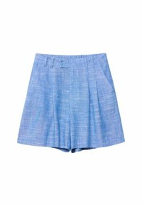 Shorts in lino azzurro chiaro con una trama testurizzata, dotati di chiusura a bottone, frontale plissettato e due tasche laterali.