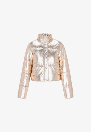 Skinny metalisk rose gold pufferjakke med høj krave, lange ærmer og lynlås foran.