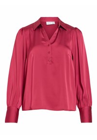 Rød satinbluse med V-hals, knaplukning og lange ærmer med detaljer såsom rynkede skuldre og manchetter.