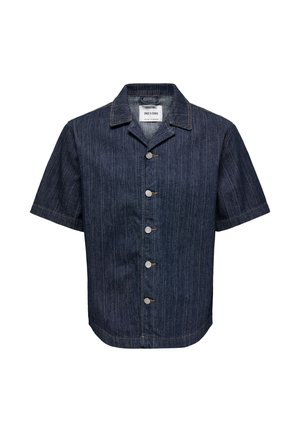 Krótki rękaw ciemnoniebieska koszula jeansowa z pionowymi paskami, zapinana na guziki z przodu i klasycznym kołnierzem marki Only & Sons.