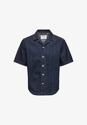 Mørkeblå denimskjorte med korte ærmer med lodrette striber, knaplukning foran og en klassisk krave fra Only & Sons.