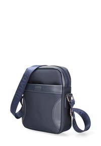 Borsa a tracolla blu navy realizzata in tessuto testurizzato, con chiusura a zip, tracolla regolabile e dettagli in pelle liscia.
