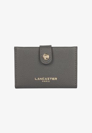 Gray textured leather wallet with a gold snap button closure and embossed "LANCASTER PARIS" logo on the front. Compact rectangular design.