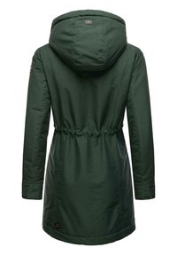 Green, hooded jacket with drawstring waist, long sleeves, and a smooth texture. Features a logo patch at the lower hem.