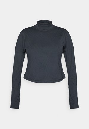 Black turtleneck top with long sleeves, featuring a textured geometric pattern and a fitted design. Material is smooth, with a slight sheen.