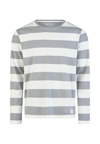 Koszula z długim rękawem w poziome jasnoszare i białe paski; posiada okrągły dekolt oraz tkana etykieta z logo na dolnej stronie.