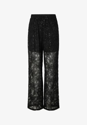 Czarne spodnie z koronki o luźnym kroju, zdobione kwiatowymi wzorami i półprzezroczystą fakturą, ozdobione małymi cekinami. Elastyczna talia.