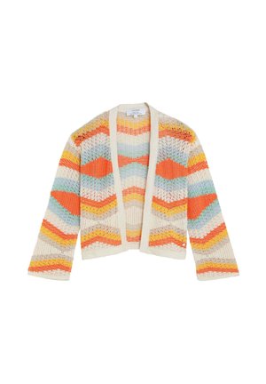 Cárdigan de punto tejido al crochet con abertura frontal, con rayas en zigzag en tonos naranja, amarillo, azul y beige.