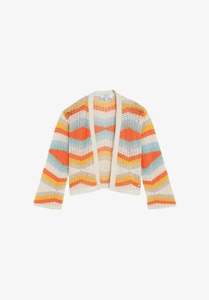 Cárdigan de punto tejido al crochet con abertura frontal, con rayas en zigzag en tonos naranja, amarillo, azul y beige.