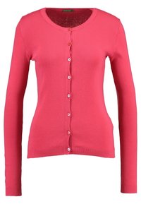 Pink cardigan with a round neckline, long sleeves, and a button-front closure. Features ribbed cuffs and hem, made from lightweight knit material.