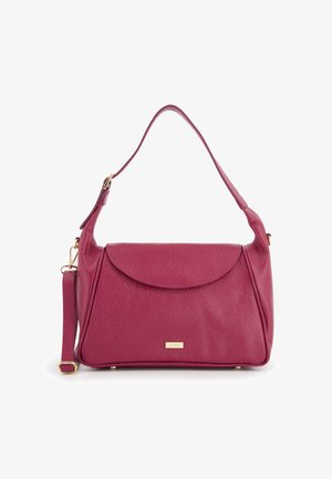 Textured burgundy leather handbag with a curved flap and gold-tone hardware. Features a detachable strap and structured shape.