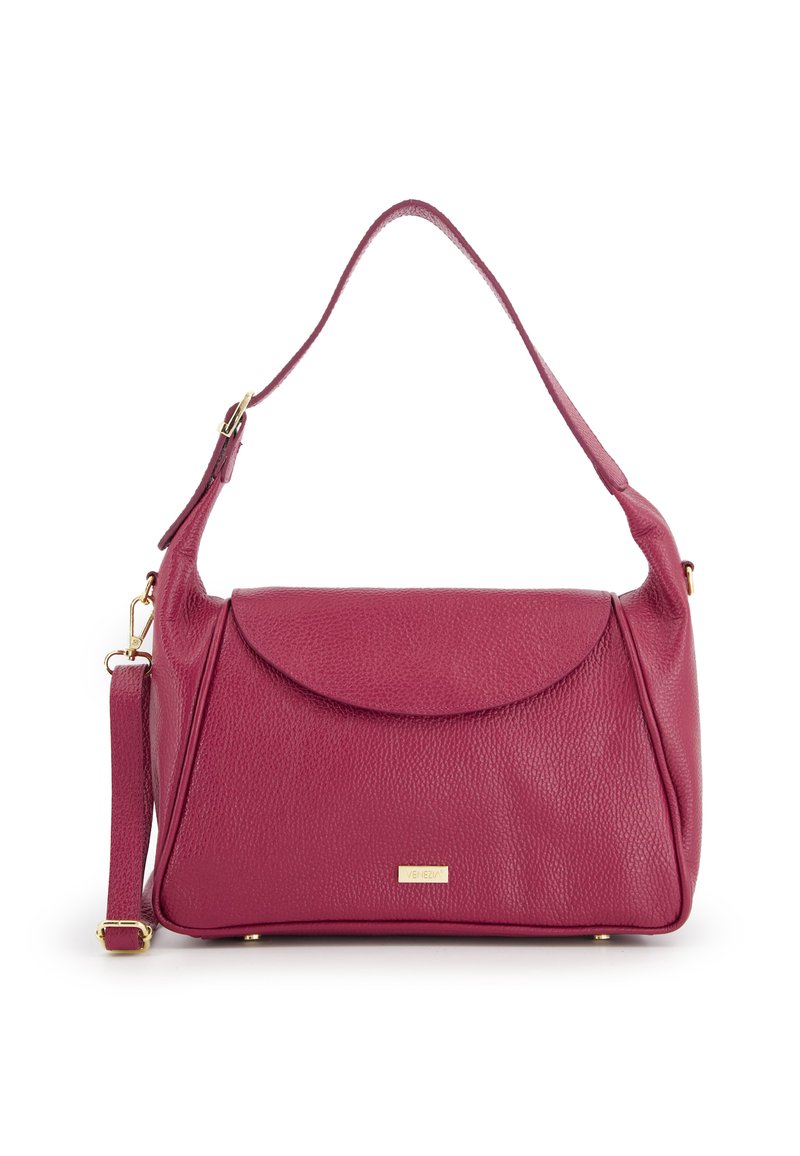 Textured burgundy leather handbag with a curved flap and gold-tone hardware. Features a detachable strap and structured shape.