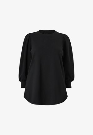 Black long-sleeve top made from a soft fabric, featuring a round neckline and puffed sleeves, with a relaxed fit and curved hemline.