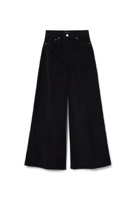 Zwarte wijde corduroy broek met hoge taille, voorzien van een knoopsluiting en subtiele stiksel details. Glad oppervlak zonder zichtbare patronen.