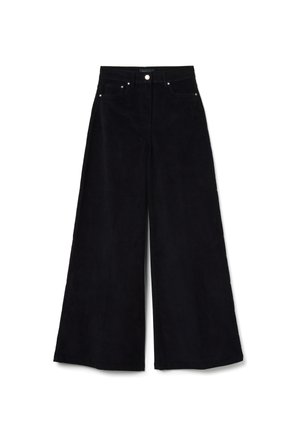 Zwarte wijde corduroy broek met hoge taille, voorzien van een knoopsluiting en subtiele stiksel details. Glad oppervlak zonder zichtbare patronen.