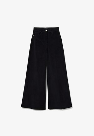 Zwarte wijde corduroy broek met hoge taille, voorzien van een knoopsluiting en subtiele stiksel details. Glad oppervlak zonder zichtbare patronen.