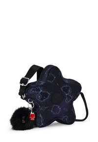 Stjerneformet navy crossbody taske med tegneseriefigur-konstellationer, sort justerbar rem, sort fluffy pom-pom og en lille rød charm.