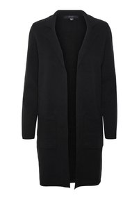 Svart lång cardigan i mjukt tyg, med öppen front, notch-krage, två framfickor och långa ärmar.