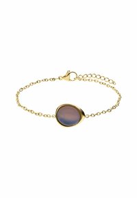 Gouden kettingarmband met een ronde, gladde, bruine steen in een gepolijst gouden bezel. Verstelbare lengte met een karabijnsluiting.