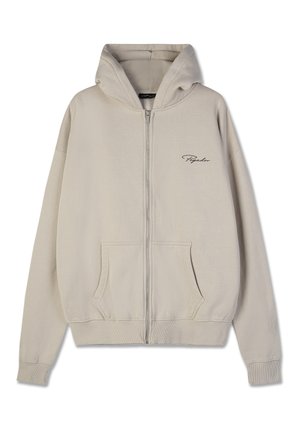 Light beige zip-up hoodie made of cotton blend. Features a kangaroo pocket, adjustable hood, and embroidered logo on the upper left chest.