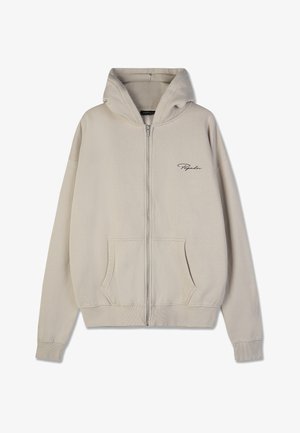 Light beige zip-up hoodie made of cotton blend. Features a kangaroo pocket, adjustable hood, and embroidered logo on the upper left chest.