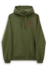 Felpa verde oliva realizzata in tessuto morbido, con tasca a marsupio frontale e logo "VANS" ricamato in rosa sul petto. Cappuccio con coulisse regolabile.
