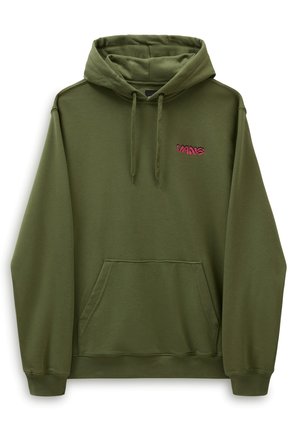 Sudadera verde oliva hecha de una tela suave, con un bolsillo canguro frontal y un logotipo bordado en rosa de "VANS" en el pecho. Capucha ajustable con cordones.