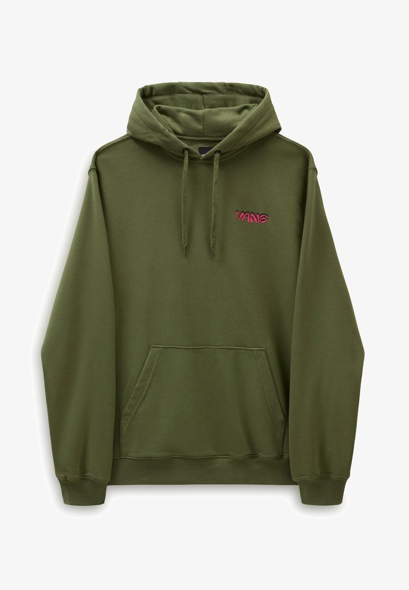 Felpa verde oliva realizzata in tessuto morbido, con tasca a marsupio frontale e logo "VANS" ricamato in rosa sul petto. Cappuccio con coulisse regolabile.