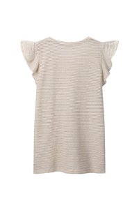 Cream short-sleeve top with ruffled sleeve accents and horizontal stripes. Made of soft fabric, featuring a rounded neckline and relaxed fit.
